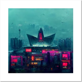 Neon Regal - Cyberpunk Cityscape Operahouse Posters and Art